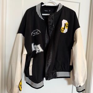 Boohoo Black and Cream Varsity Bomber Jacket with Smile Patch